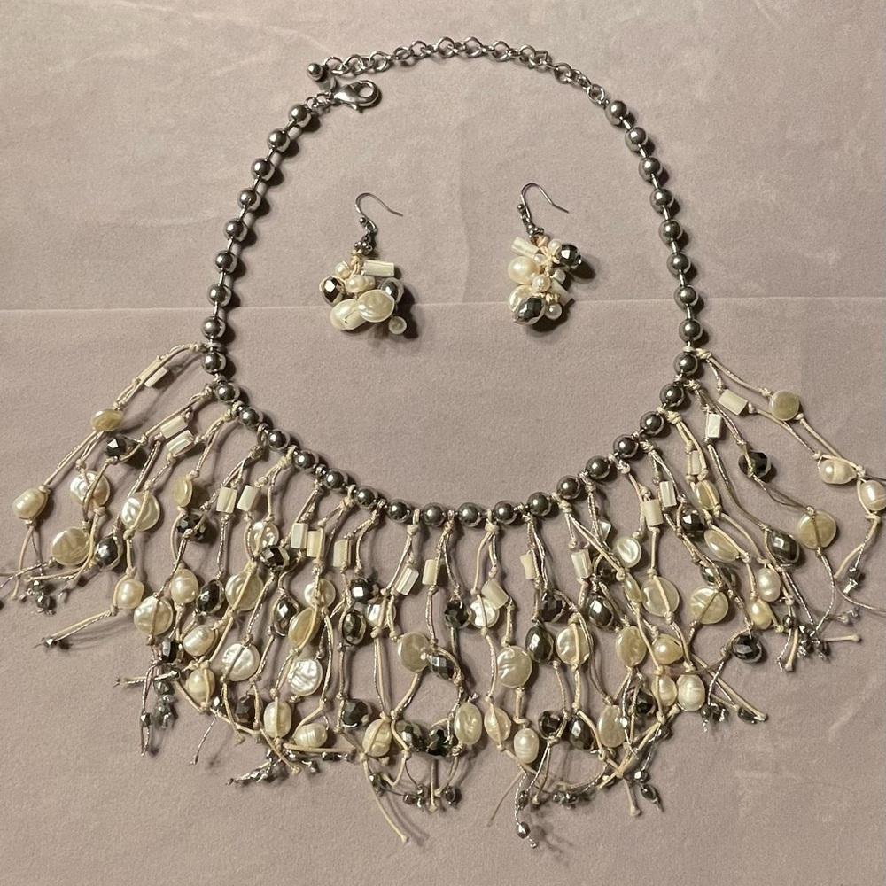 Chico’s funky fringe ivory shell like beads & silver necklace. cluster earrings
